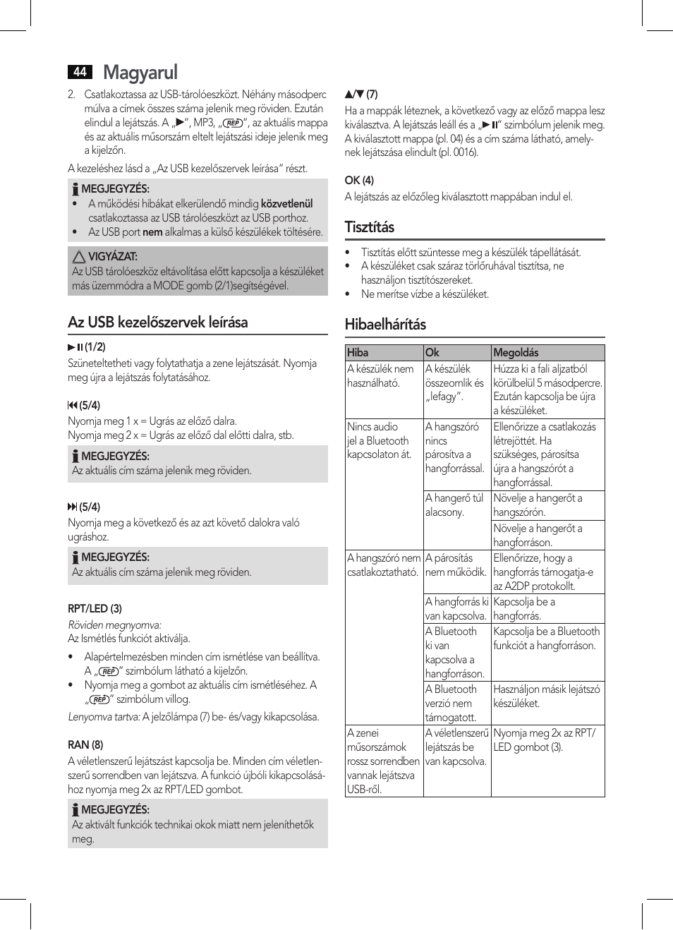 Magyarul, Az usb kezelőszervek leírása, Tisztítás | Hibaelhárítás | AEG BSS 4803 User Manual | Page 44 / 58