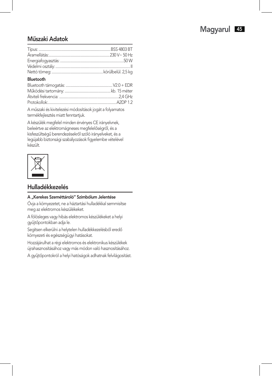 Magyarul | AEG BSS 4803 User Manual | Page 45 / 58