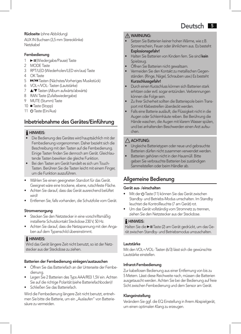 Deutsch, Inbetriebnahme des gerätes/einführung, Allgemeine bedienung | AEG BSS 4803 User Manual | Page 5 / 58