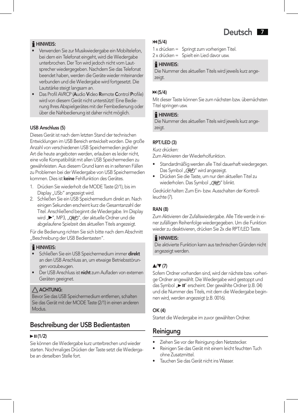 Deutsch, Beschreibung der usb bedientasten, Reinigung | AEG BSS 4803 User Manual | Page 7 / 58