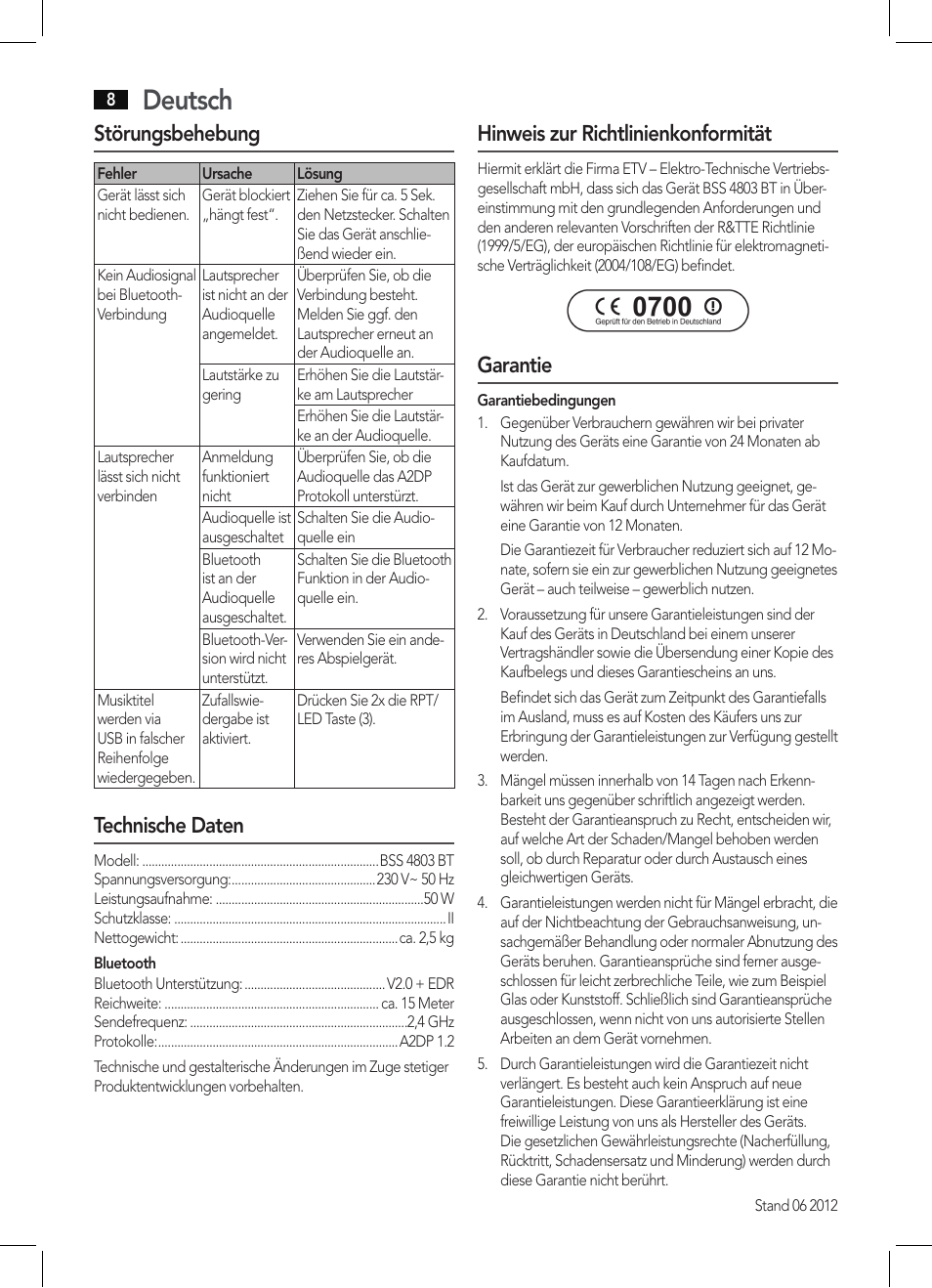 Deutsch, Störungsbehebung, Technische daten | Hinweis zur richtlinienkonformität, Garantie | AEG BSS 4803 User Manual | Page 8 / 58