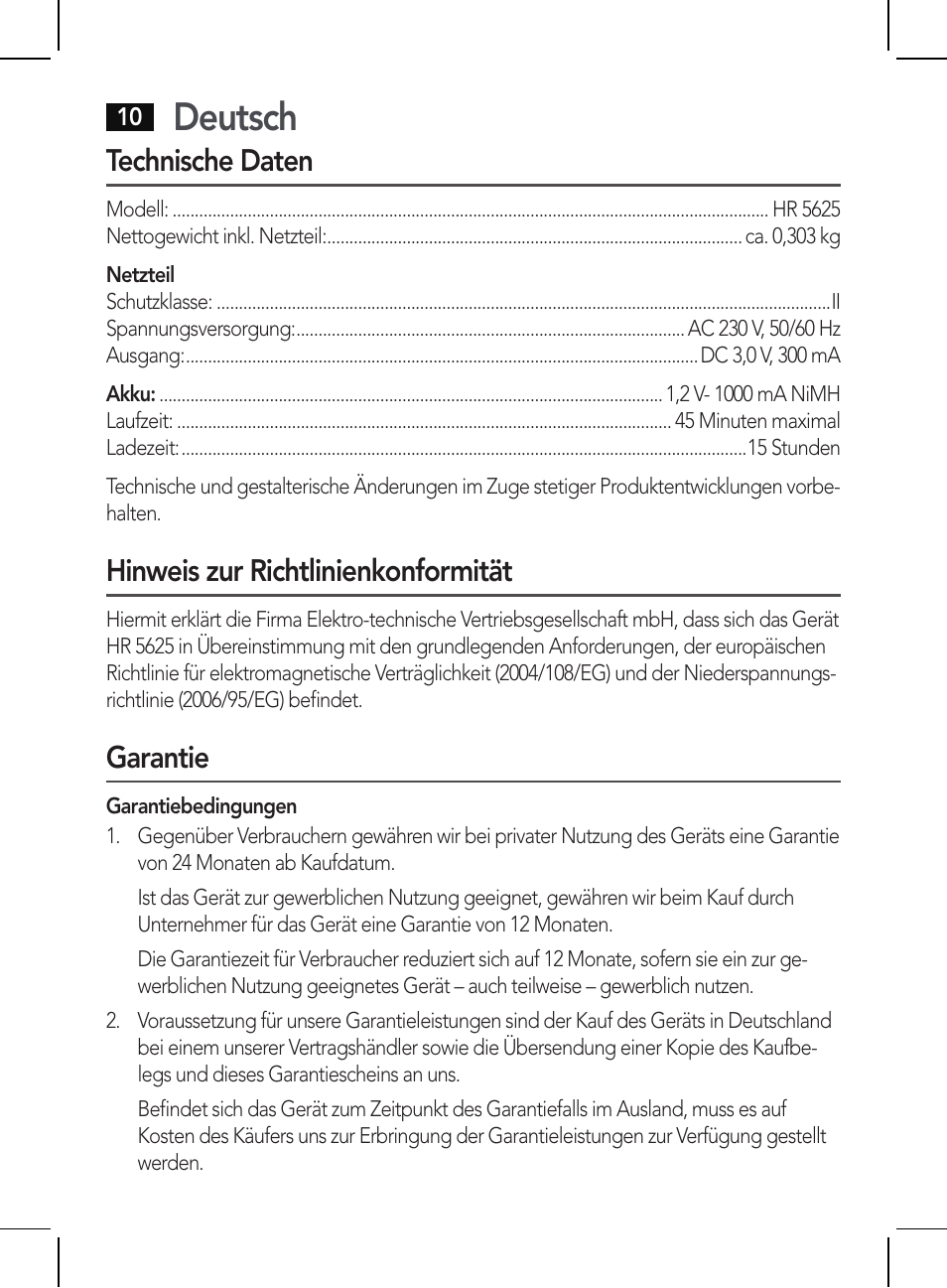Deutsch, Technische daten, Hinweis zur richtlinienkonformität | Garantie | AEG HR 5625 User Manual | Page 10 / 86