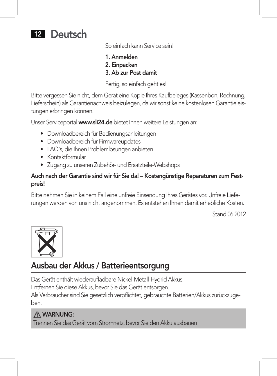 Deutsch, Ausbau der akkus / batterieentsorgung | AEG HR 5625 User Manual | Page 12 / 86