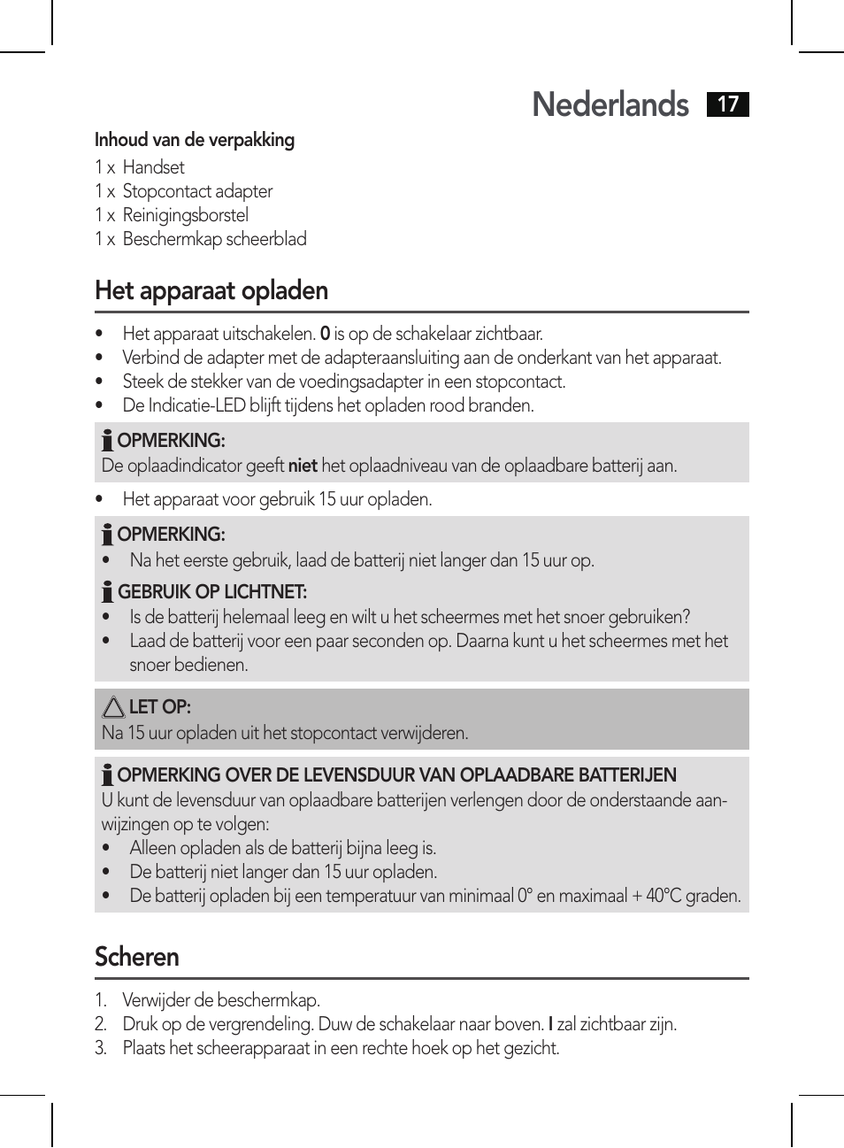 Nederlands, Het apparaat opladen, Scheren | AEG HR 5625 User Manual | Page 17 / 86