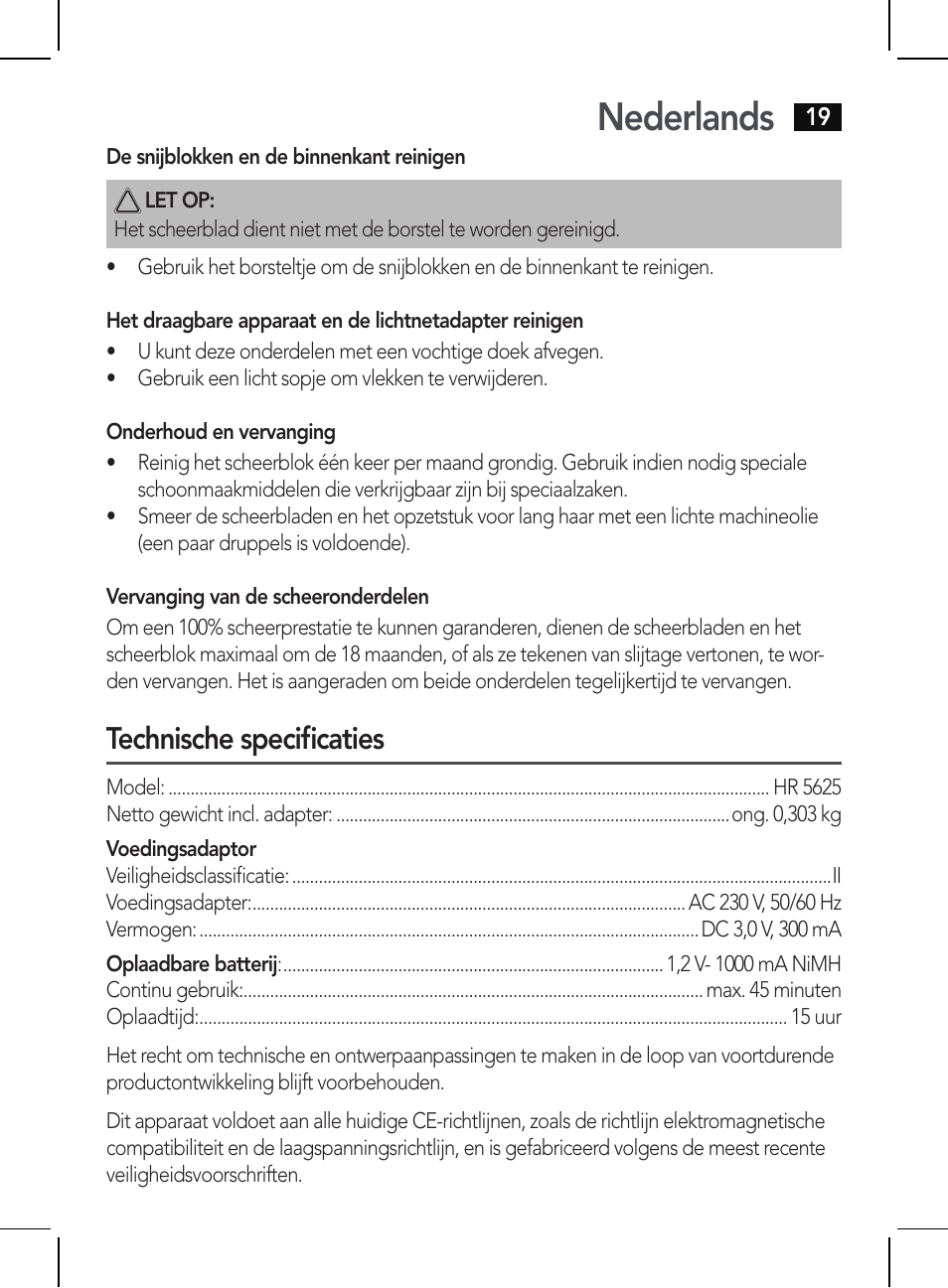 Nederlands, Technische specificaties | AEG HR 5625 User Manual | Page 19 / 86
