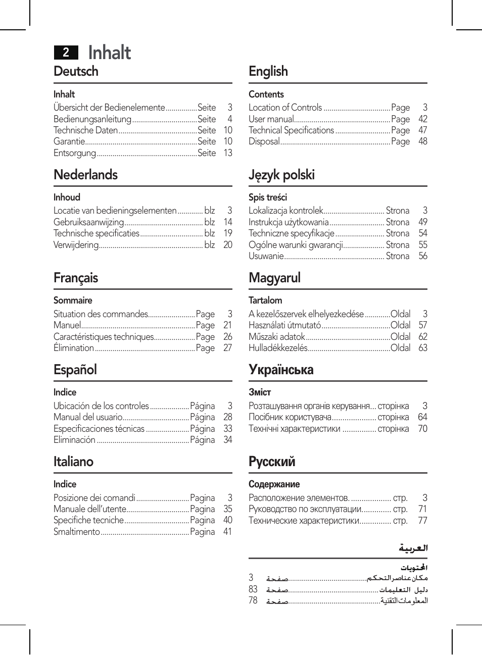 Inhalt, Deutsch, Nederlands | Français, Español, Italiano, English, Język polski, Magyarul, Українська | AEG HR 5625 User Manual | Page 2 / 86