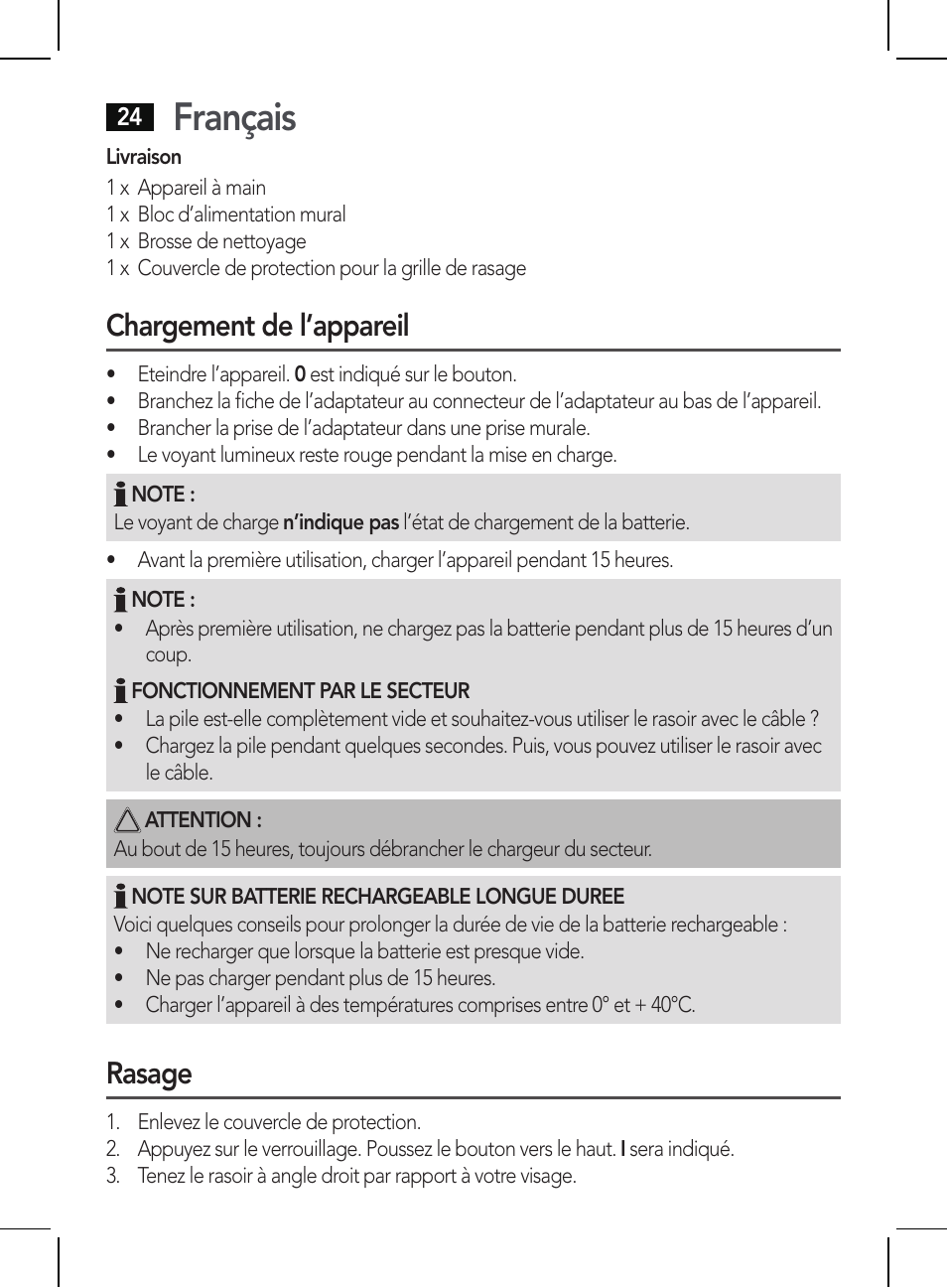 Français, Chargement de l’appareil, Rasage | AEG HR 5625 User Manual | Page 24 / 86