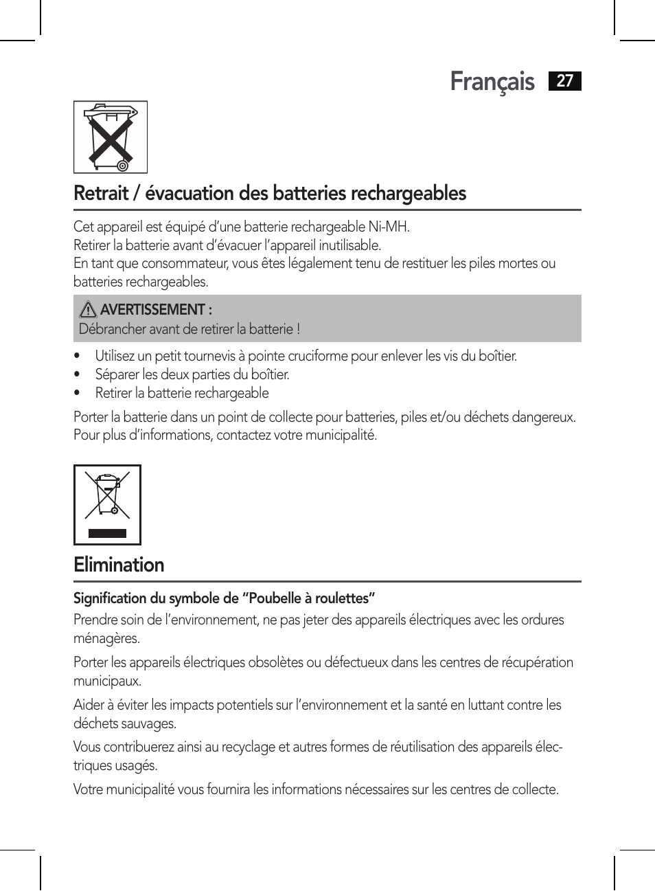 Français, Retrait / évacuation des batteries rechargeables, Elimination | AEG HR 5625 User Manual | Page 27 / 86
