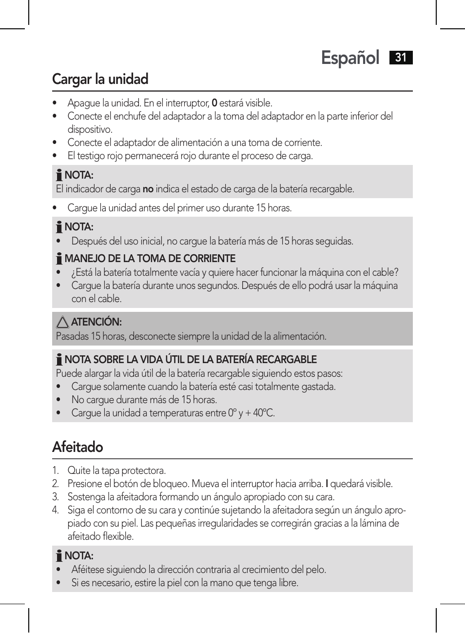 Español, Cargar la unidad, Afeitado | AEG HR 5625 User Manual | Page 31 / 86