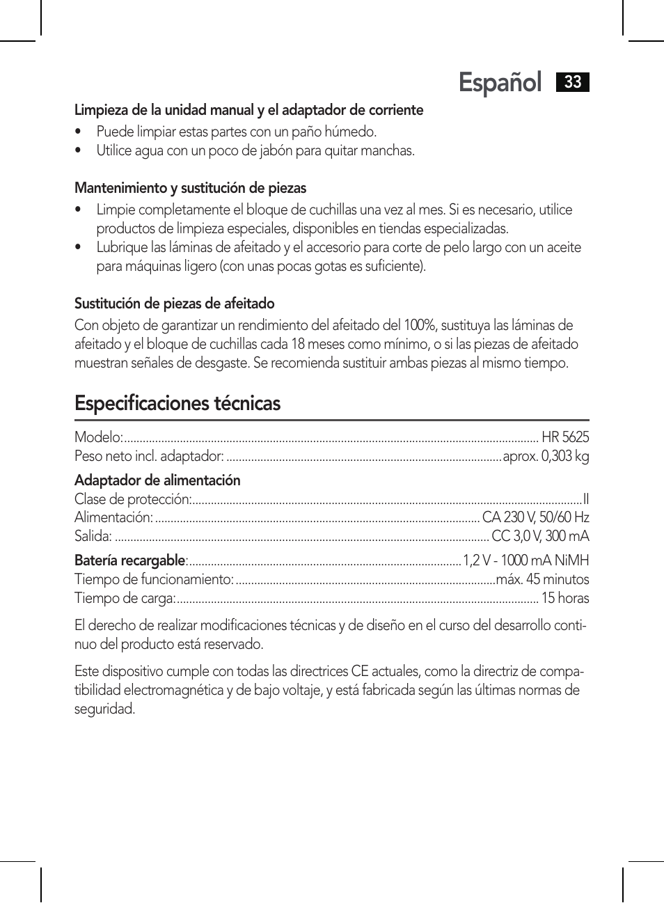 Español, Especificaciones técnicas | AEG HR 5625 User Manual | Page 33 / 86