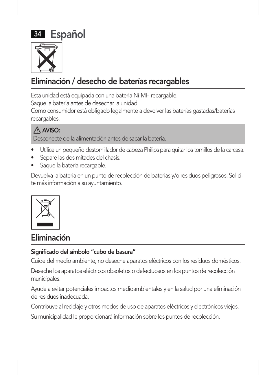 Español, Eliminación / desecho de baterías recargables, Eliminación | AEG HR 5625 User Manual | Page 34 / 86