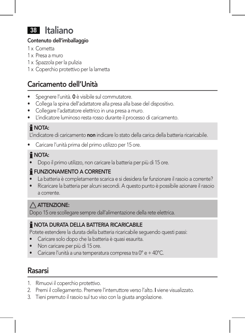 Italiano, Caricamento dell’unità, Rasarsi | AEG HR 5625 User Manual | Page 38 / 86