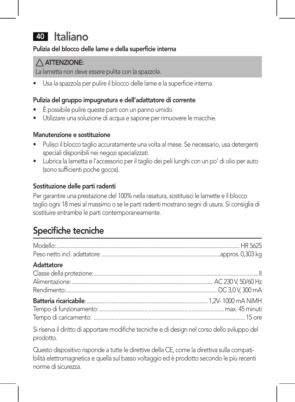 Italiano, Specifiche tecniche | AEG HR 5625 User Manual | Page 40 / 86