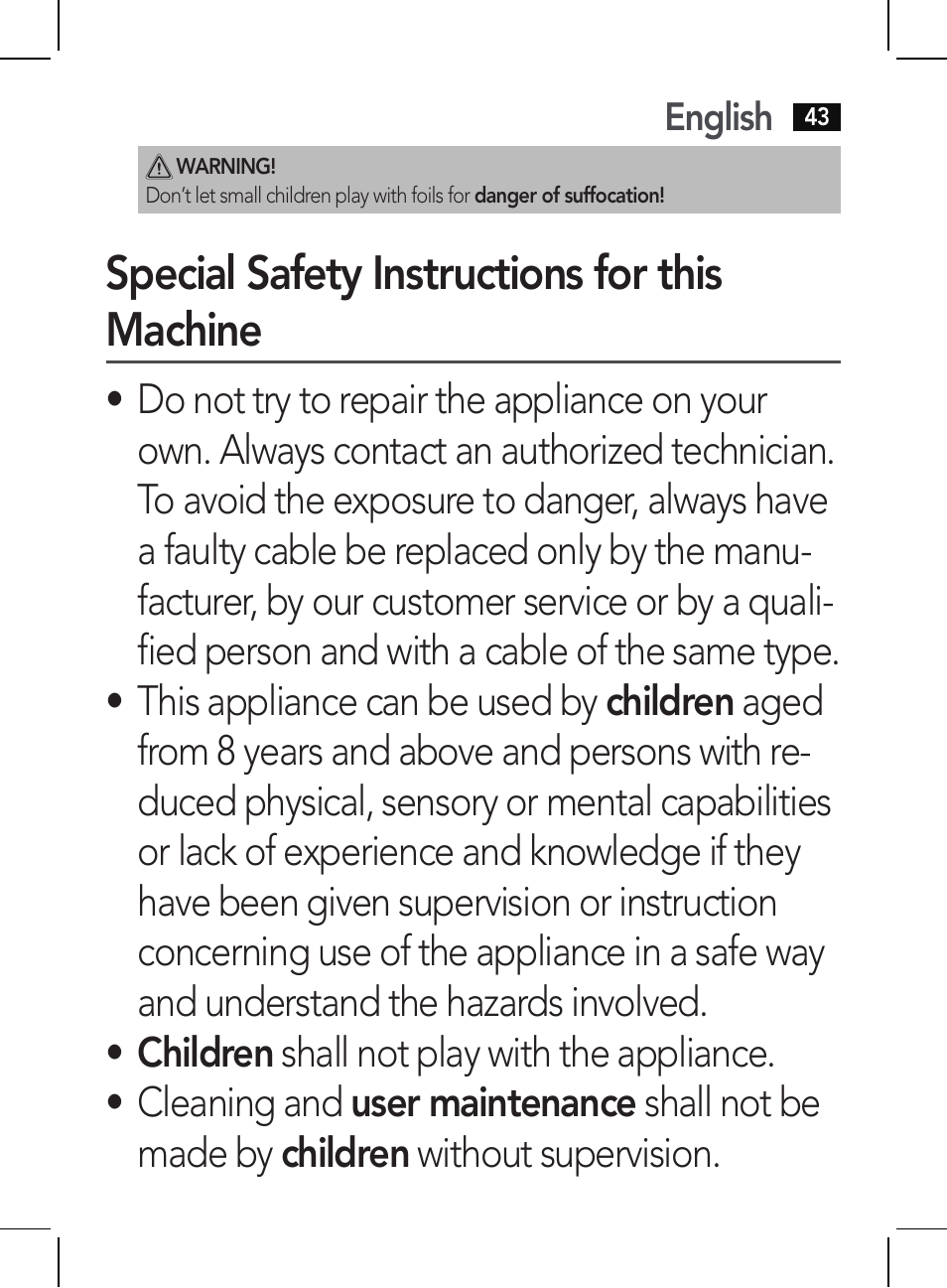 Special safety instructions for this machine | AEG HR 5625 User Manual | Page 43 / 86