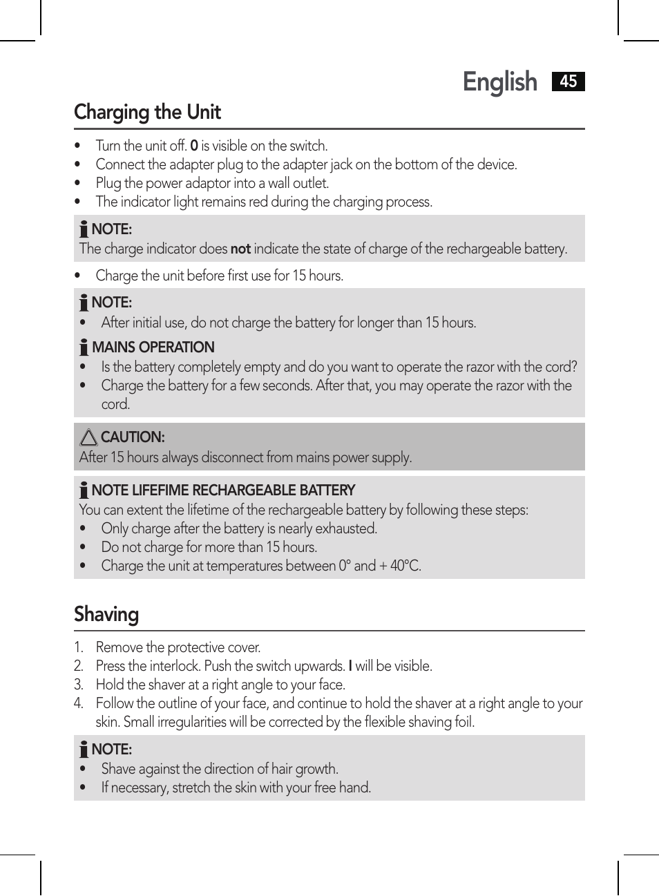 English, Charging the unit, Shaving | AEG HR 5625 User Manual | Page 45 / 86