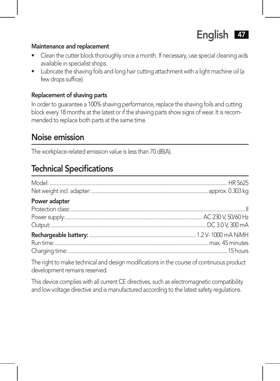 English, Noise emission, Technical specifications | AEG HR 5625 User Manual | Page 47 / 86