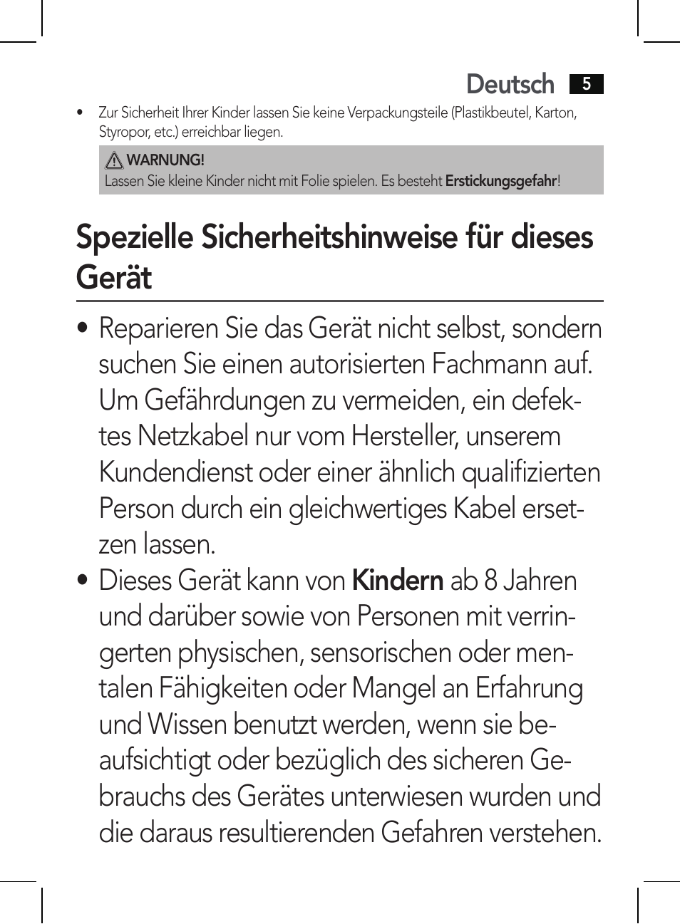 Spezielle sicherheitshinweise für dieses gerät, Deutsch | AEG HR 5625 User Manual | Page 5 / 86