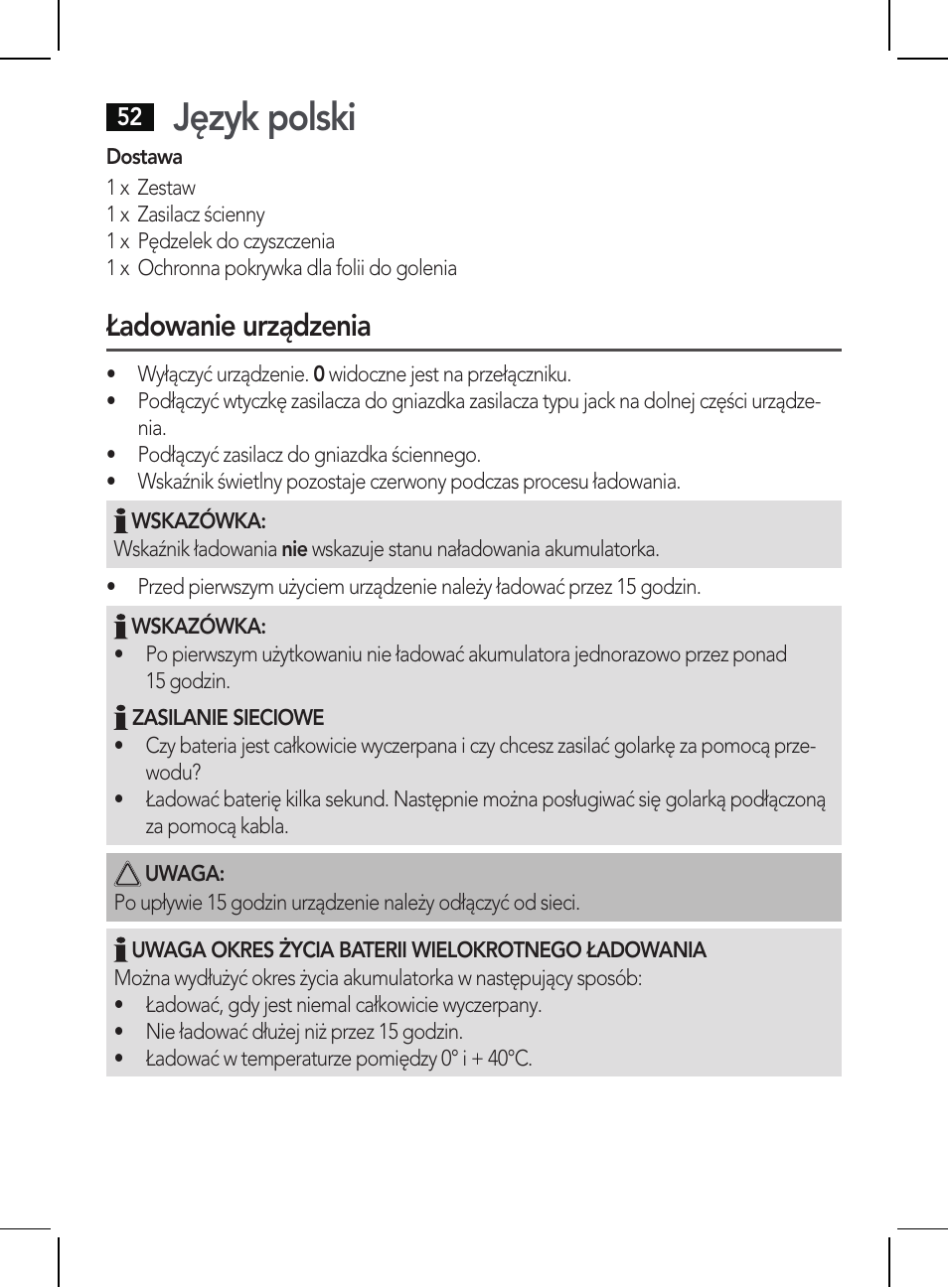 Język polski, Ładowanie urządzenia | AEG HR 5625 User Manual | Page 52 / 86