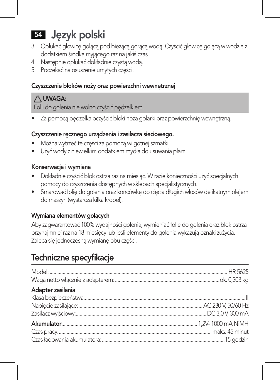 Język polski, Techniczne specyfikacje | AEG HR 5625 User Manual | Page 54 / 86