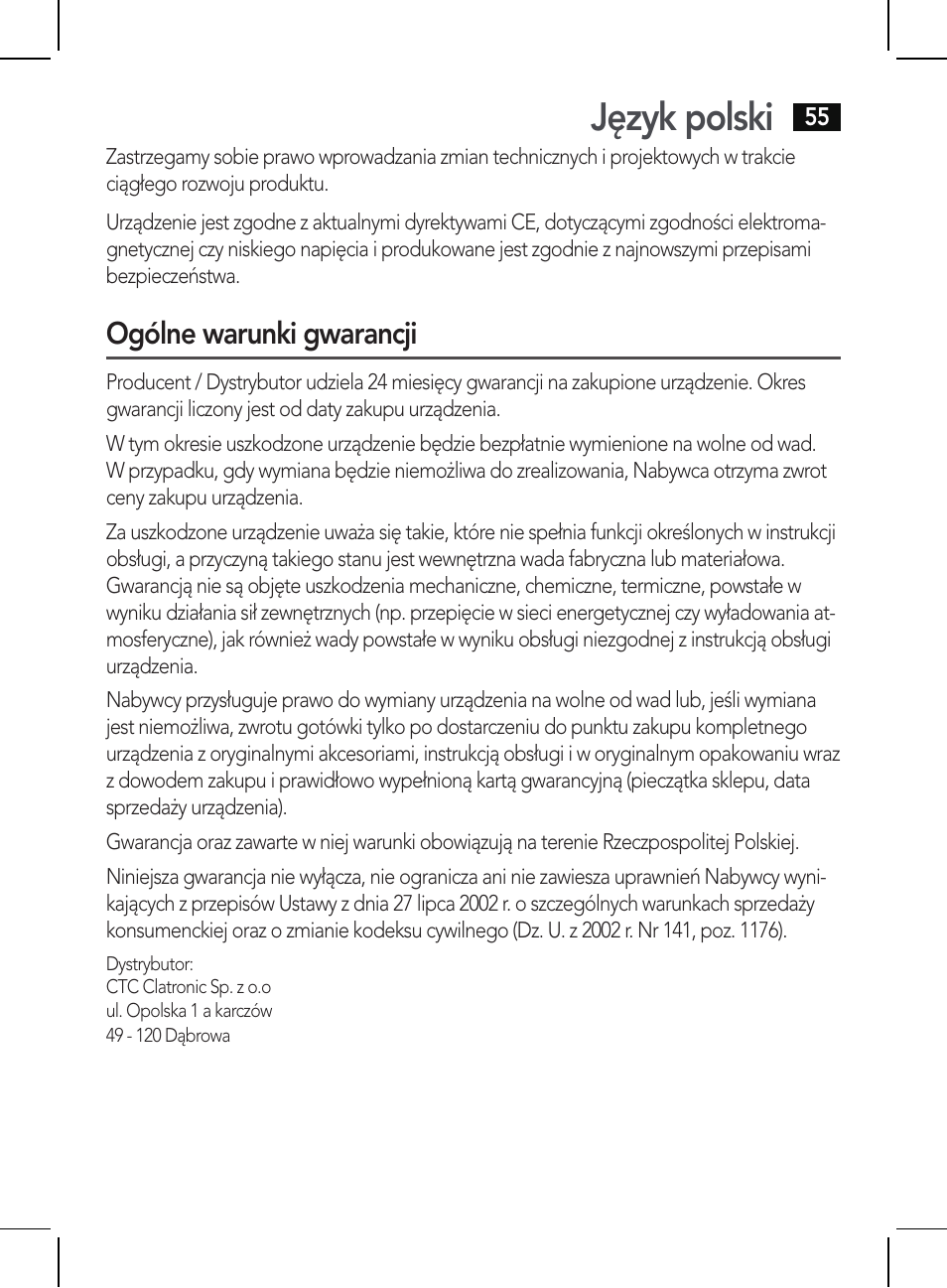 Język polski, Ogólne warunki gwarancji | AEG HR 5625 User Manual | Page 55 / 86