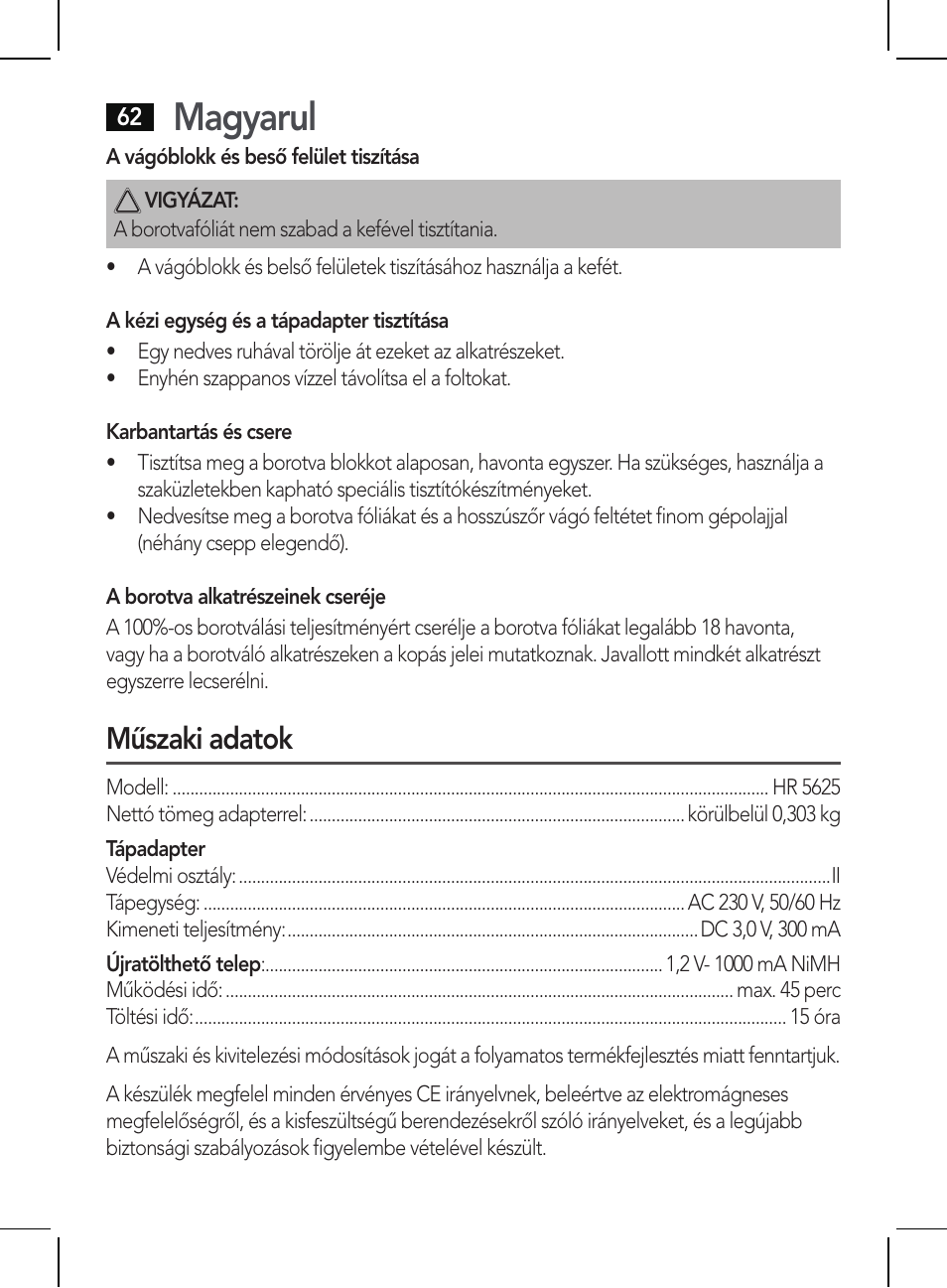 Magyarul, Műszaki adatok | AEG HR 5625 User Manual | Page 62 / 86