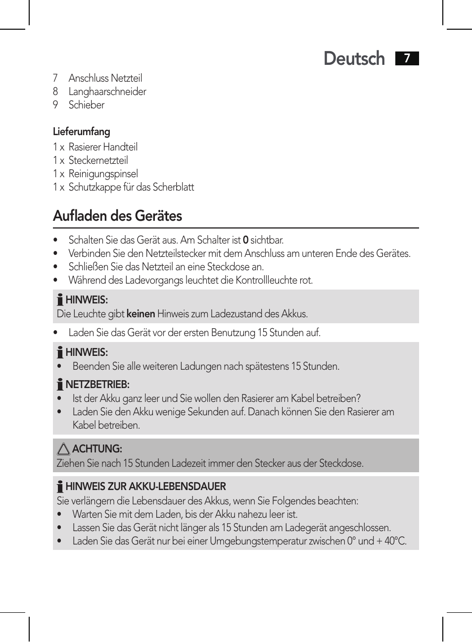 Deutsch, Aufladen des gerätes | AEG HR 5625 User Manual | Page 7 / 86