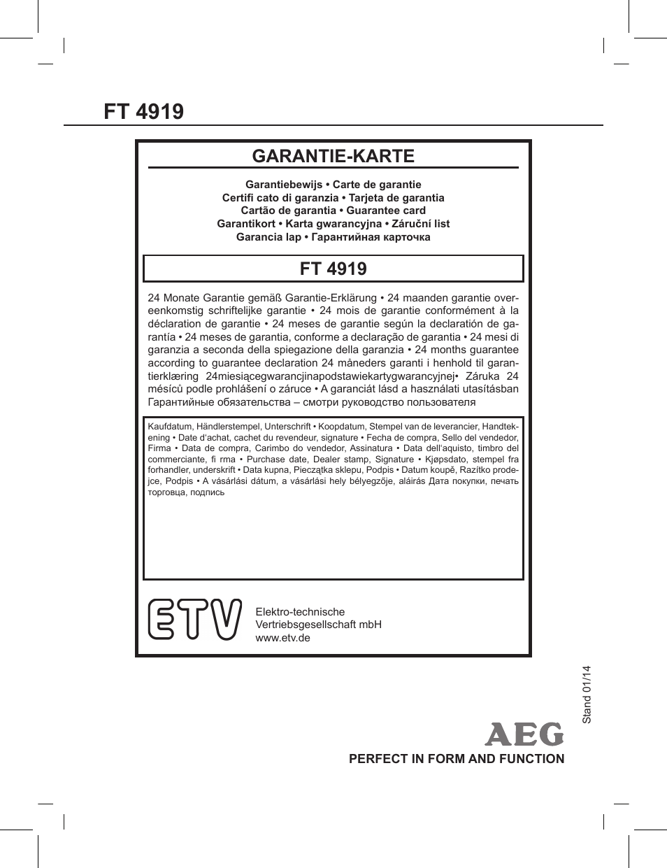 Ft 4919, Garantie-karte | AEG FT 4919 User Manual | Page 114 / 114