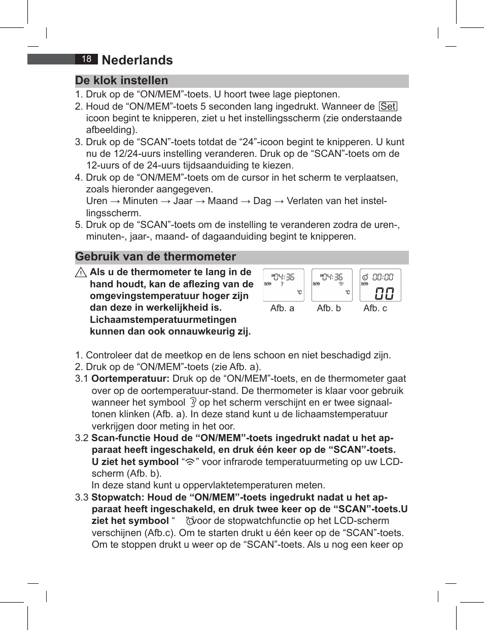 Nederlands, De klok instellen gebruik van de thermometer | AEG FT 4919 User Manual | Page 18 / 114