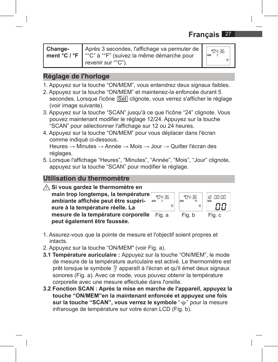 Français, Réglage de l'horloge utilisation du thermomètre | AEG FT 4919 User Manual | Page 27 / 114