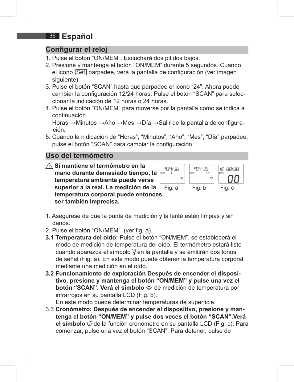 Español, Configurar el reloj uso del termómetro | AEG FT 4919 User Manual | Page 36 / 114