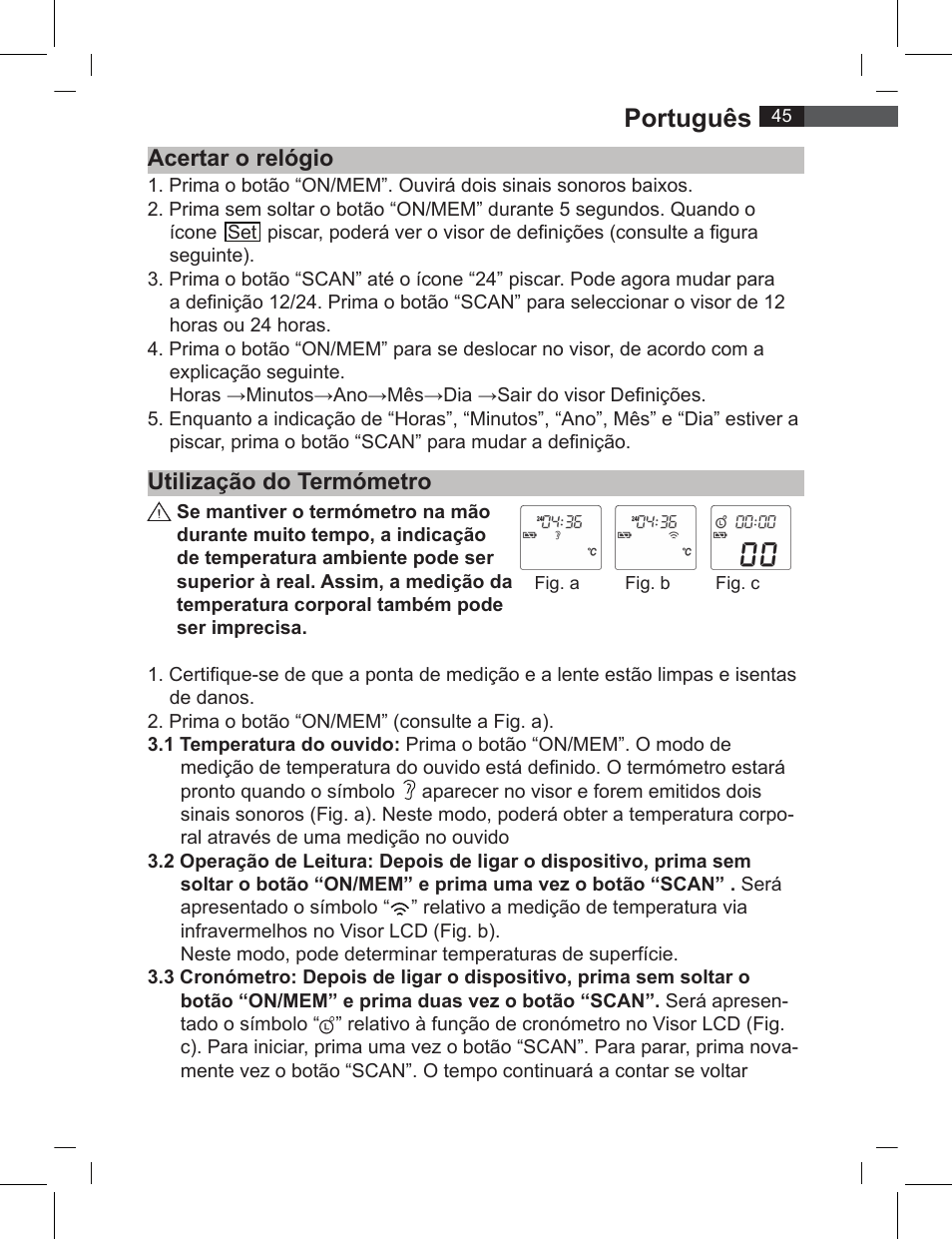 Português, Acertar o relógio utilização do termómetro | AEG FT 4919 User Manual | Page 45 / 114