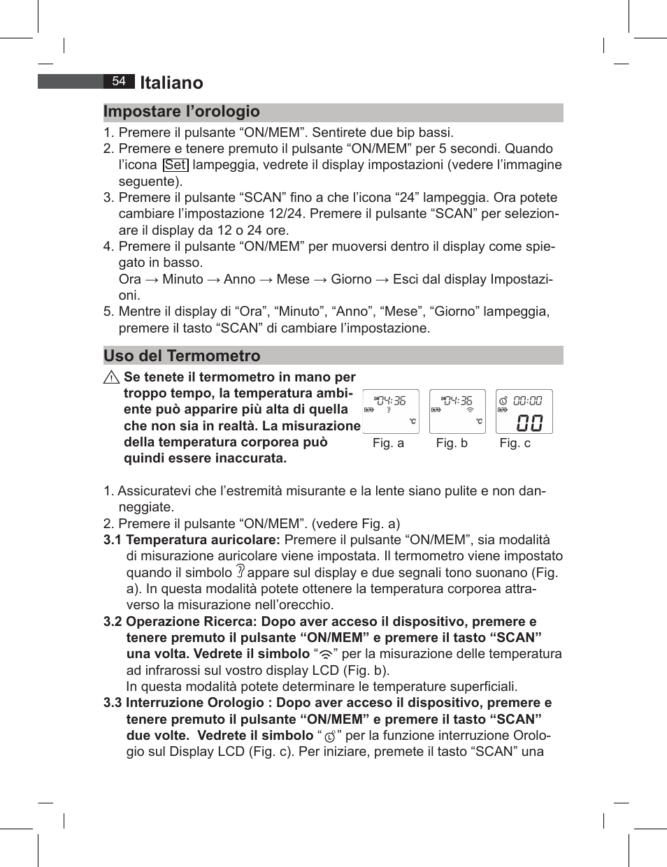 Italiano, Impostare l’orologio uso del termometro | AEG FT 4919 User Manual | Page 54 / 114