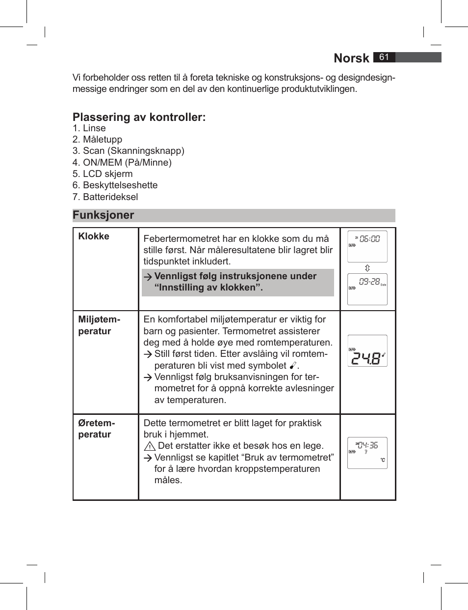 Norsk, Plassering av kontroller, Funksjoner | AEG FT 4919 User Manual | Page 61 / 114