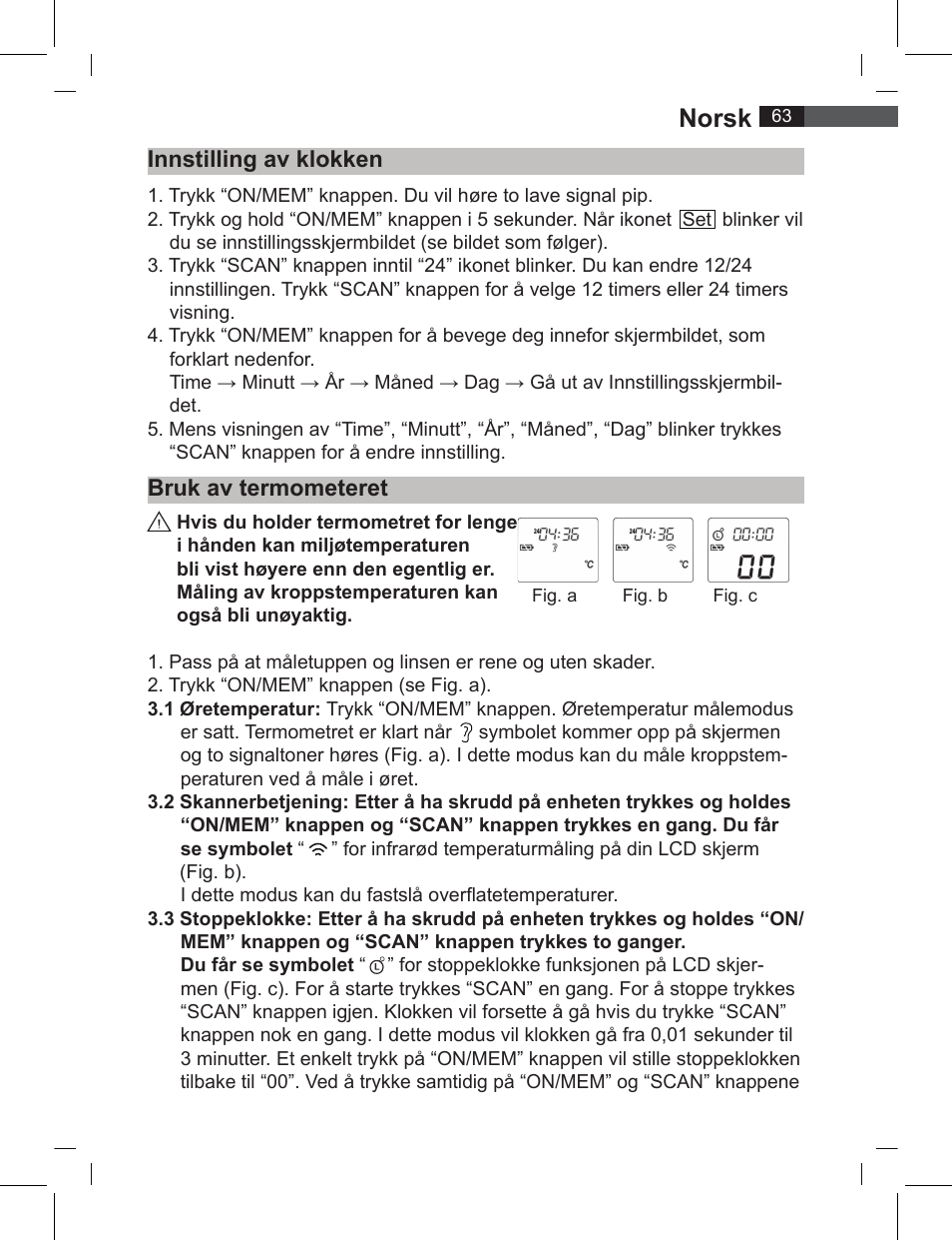 Norsk, Innstilling av klokken bruk av termometeret | AEG FT 4919 User Manual | Page 63 / 114