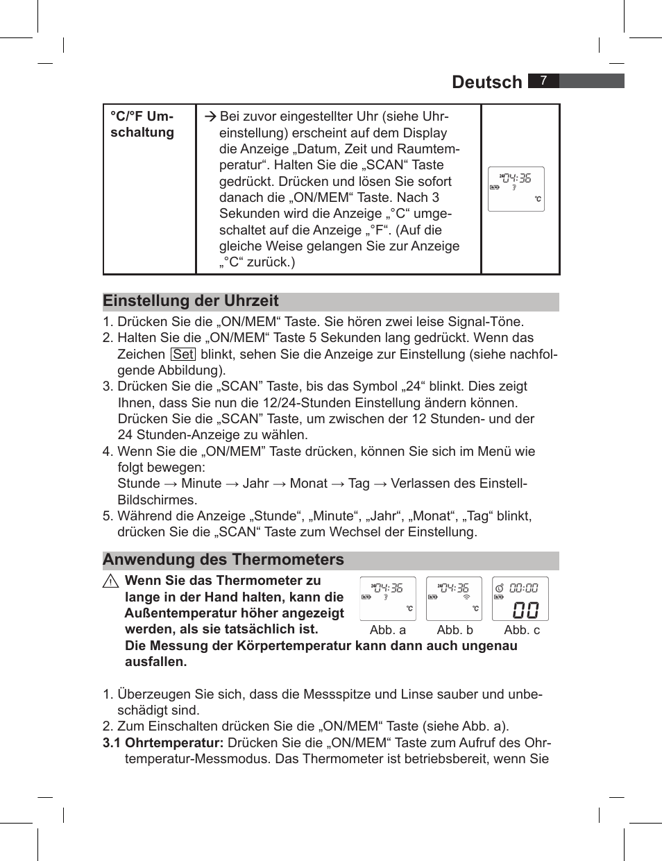 Deutsch, Einstellung der uhrzeit anwendung des thermometers | AEG FT 4919 User Manual | Page 7 / 114