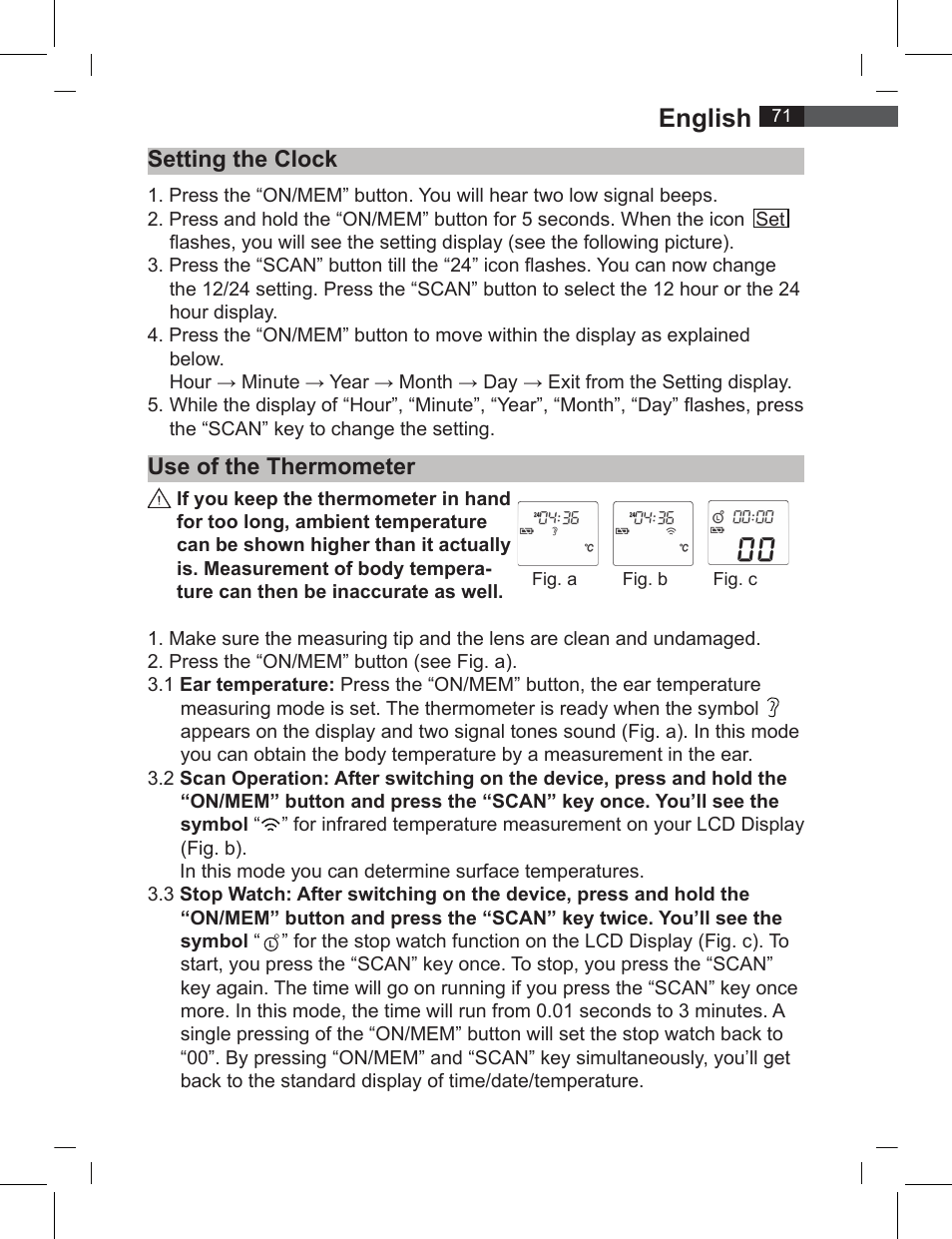 English, Setting the clock use of the thermometer | AEG FT 4919 User Manual | Page 71 / 114