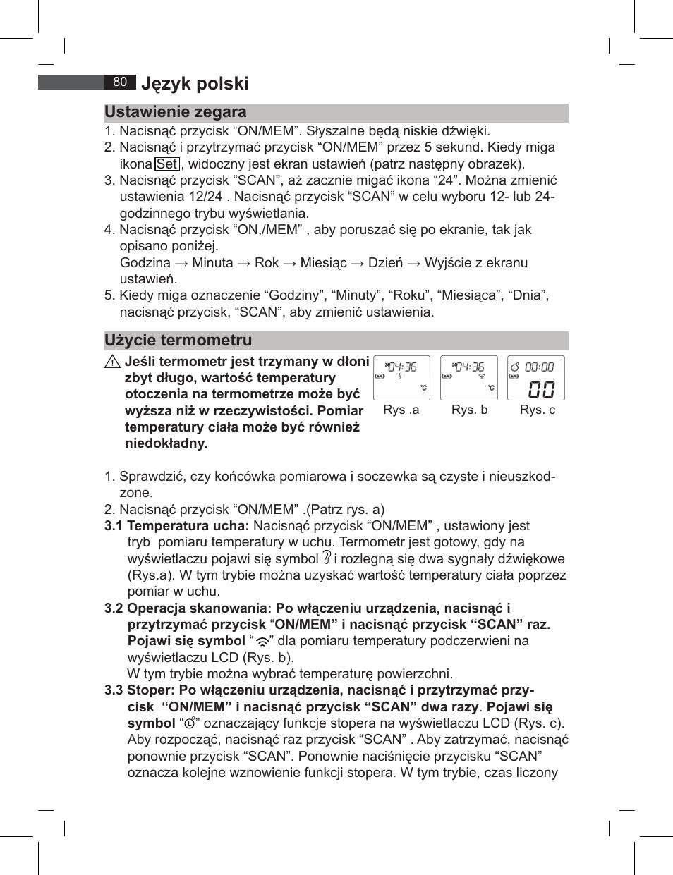 Język polski, Ustawienie zegara użycie termometru | AEG FT 4919 User Manual | Page 80 / 114