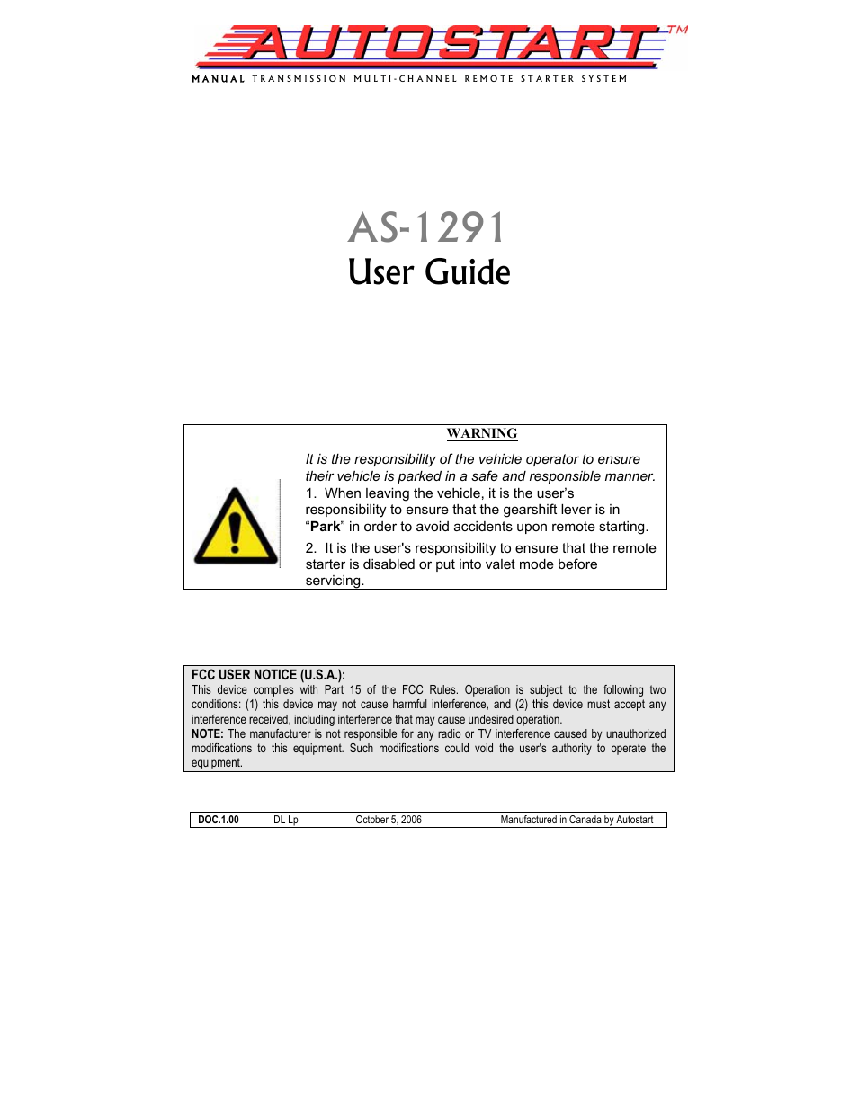 Autostart AS-1291 User Manual | 9 pages