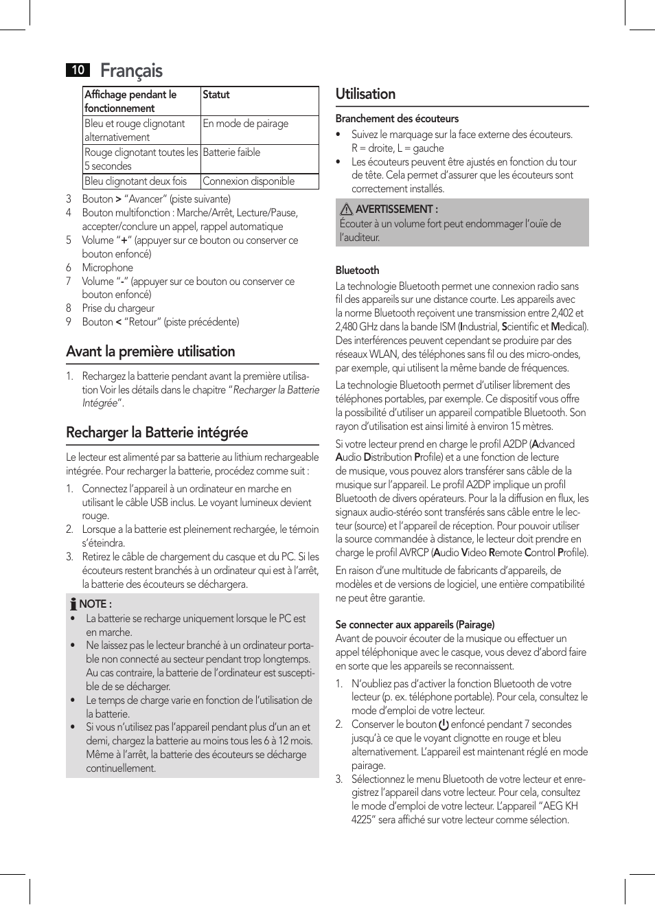 Français, Avant la première utilisation, Recharger la batterie intégrée | Utilisation | AEG KH 4225 BT schwarz User Manual | Page 10 / 26