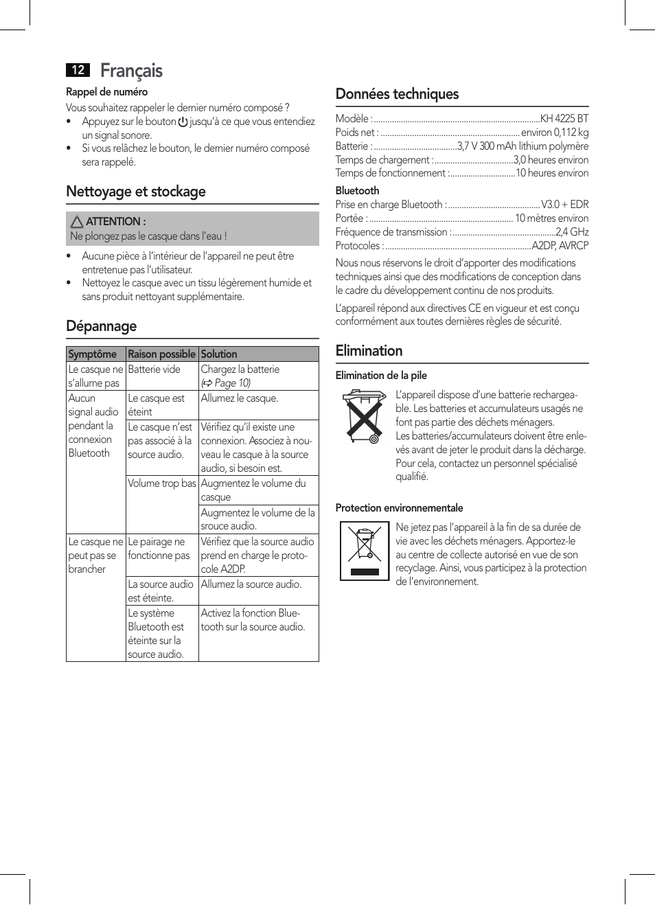 Français, Nettoyage et stockage, Dépannage | Données techniques, Elimination | AEG KH 4225 BT schwarz User Manual | Page 12 / 26