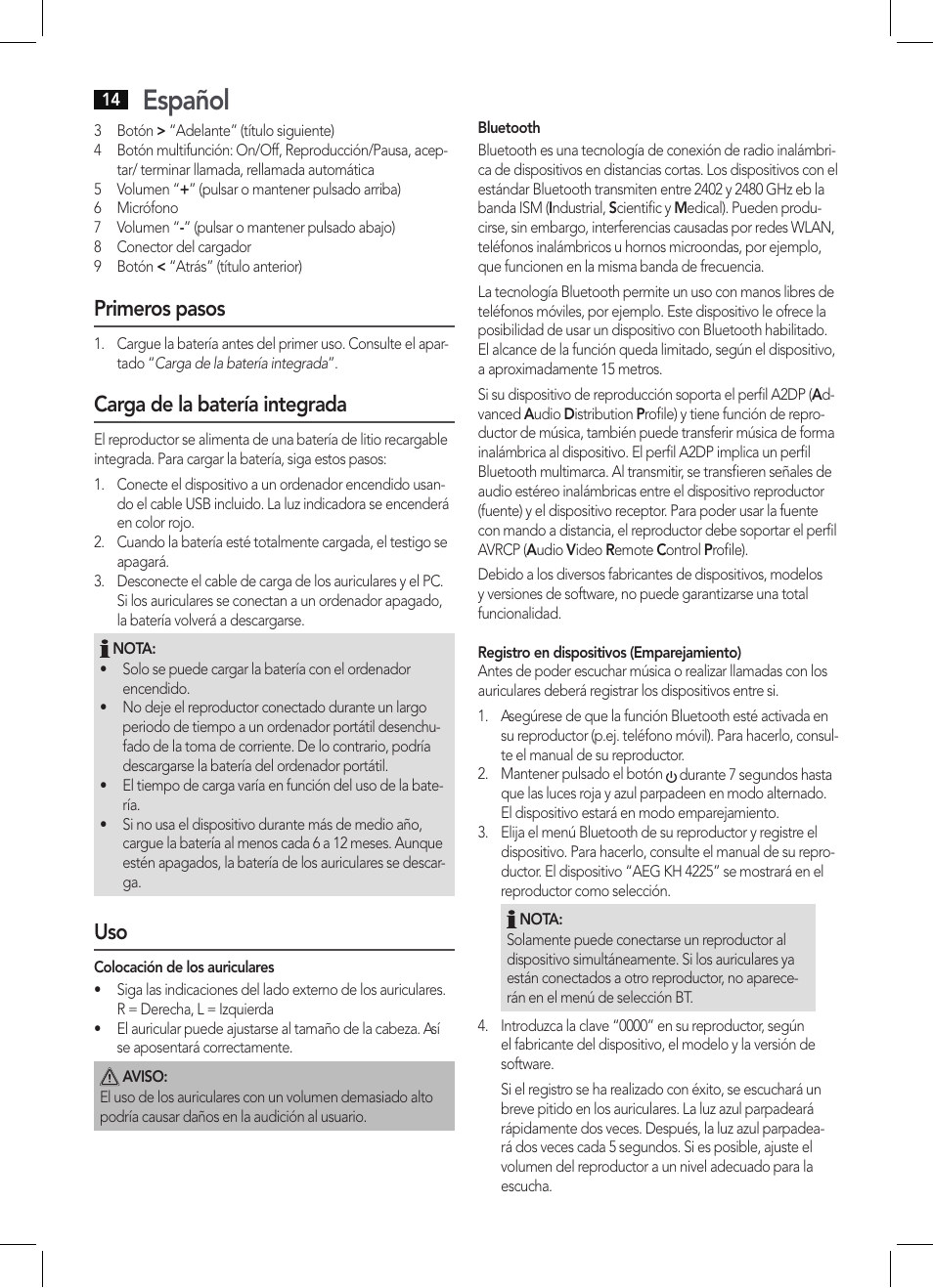 Español, Primeros pasos, Carga de la batería integrada | AEG KH 4225 BT schwarz User Manual | Page 14 / 26