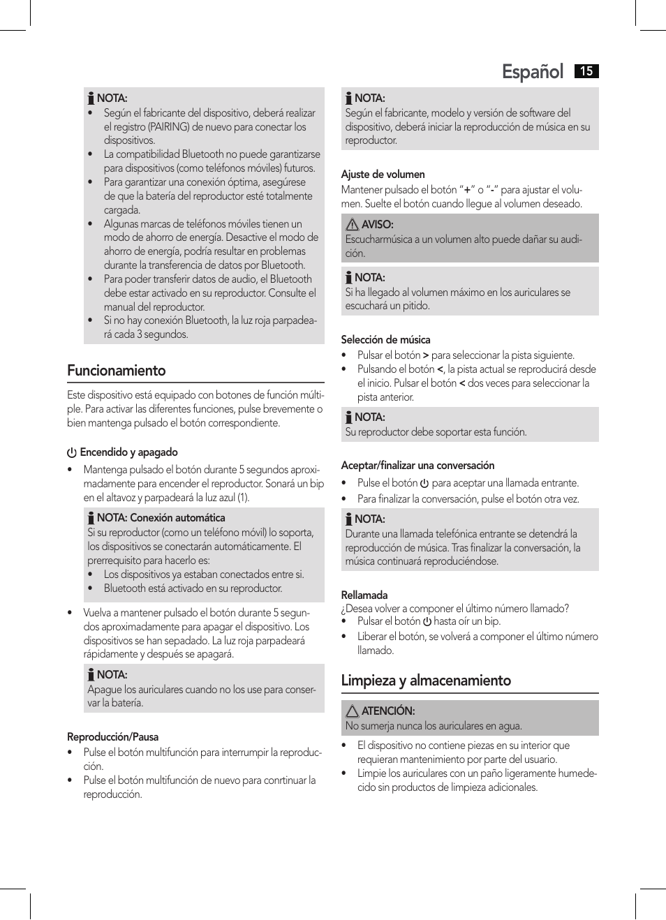 Español, Funcionamiento, Limpieza y almacenamiento | AEG KH 4225 BT schwarz User Manual | Page 15 / 26