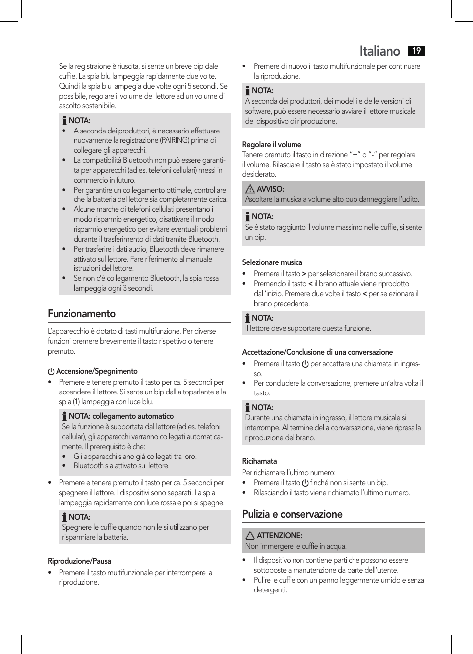 Italiano, Funzionamento, Pulizia e conservazione | AEG KH 4225 BT schwarz User Manual | Page 19 / 26