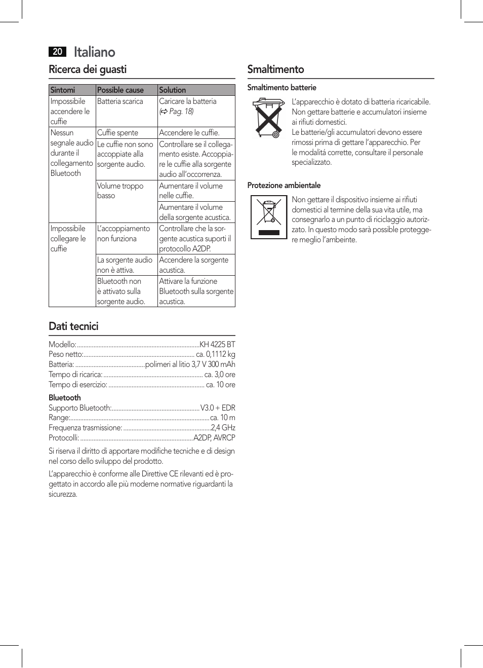 Italiano, Ricerca dei guasti, Dati tecnici | Smaltimento | AEG KH 4225 BT schwarz User Manual | Page 20 / 26