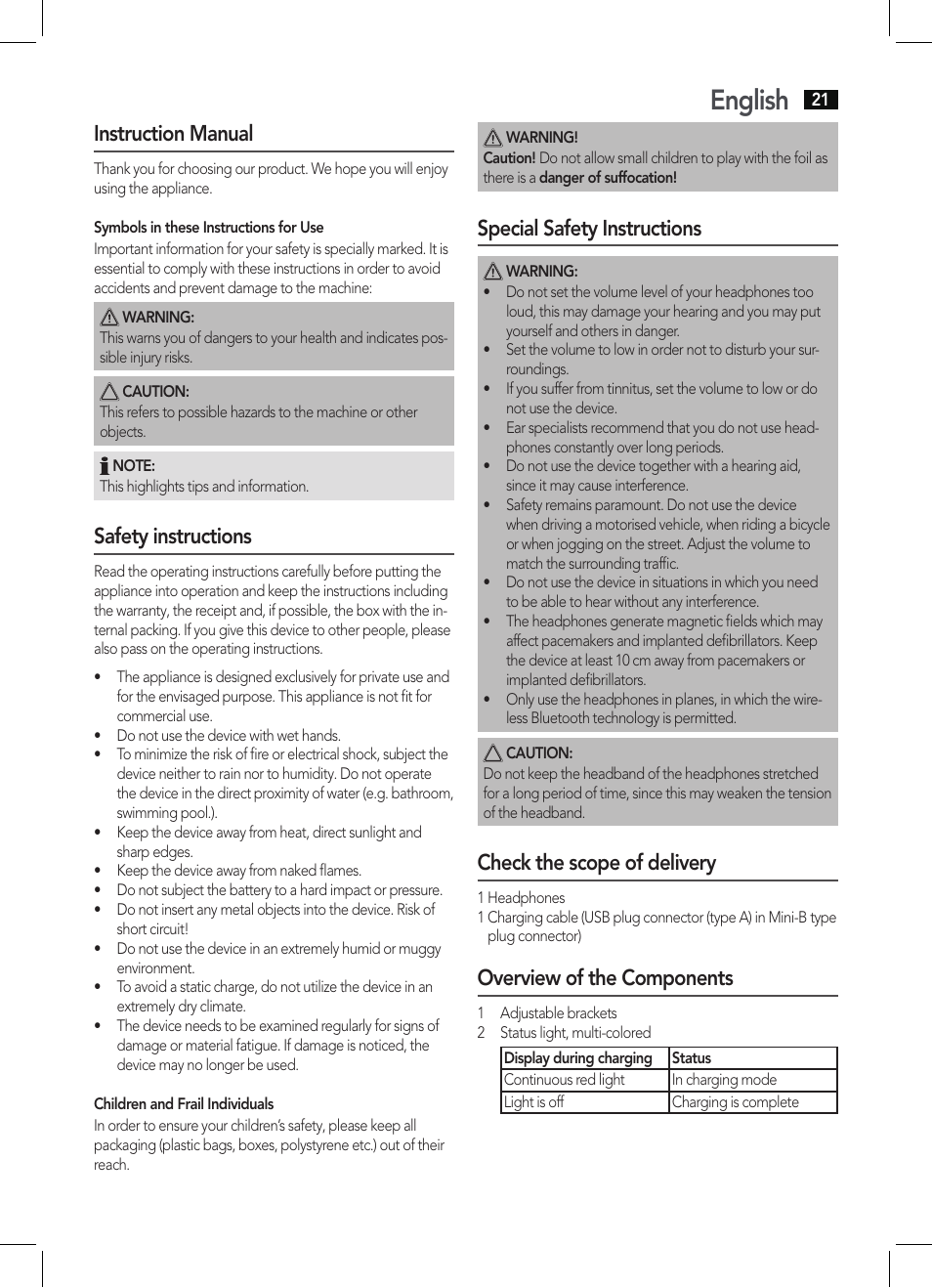 English, Instruction manual, Safety instructions | Special safety instructions, Check the scope of delivery, Overview of the components | AEG KH 4225 BT schwarz User Manual | Page 21 / 26