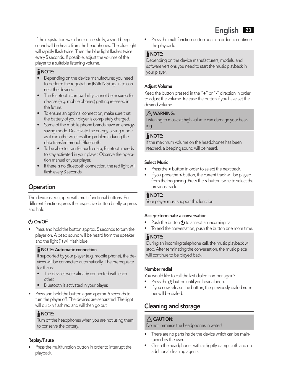 English, Operation, Cleaning and storage | AEG KH 4225 BT schwarz User Manual | Page 23 / 26