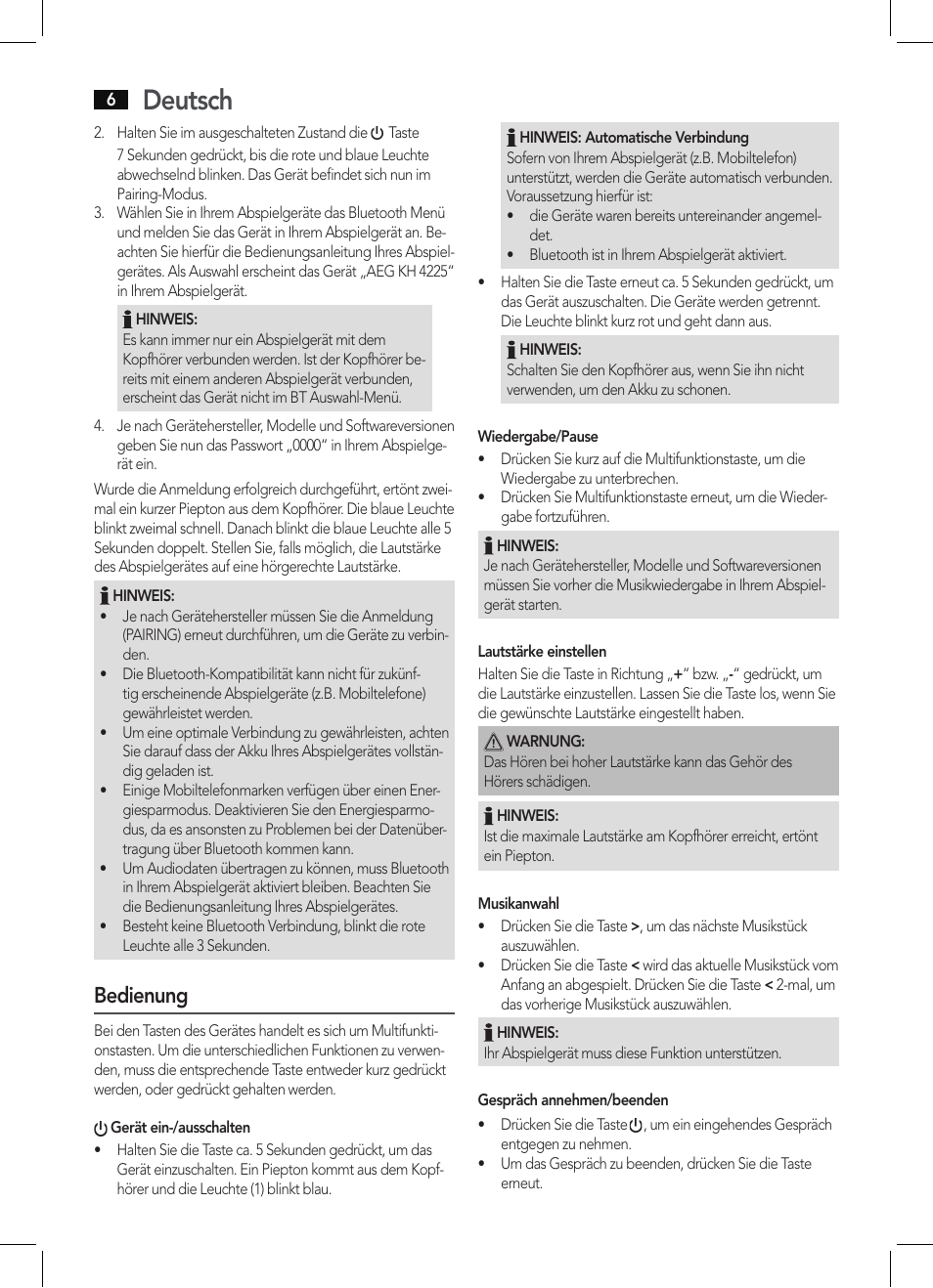 Deutsch, Bedienung | AEG KH 4225 BT schwarz User Manual | Page 6 / 26