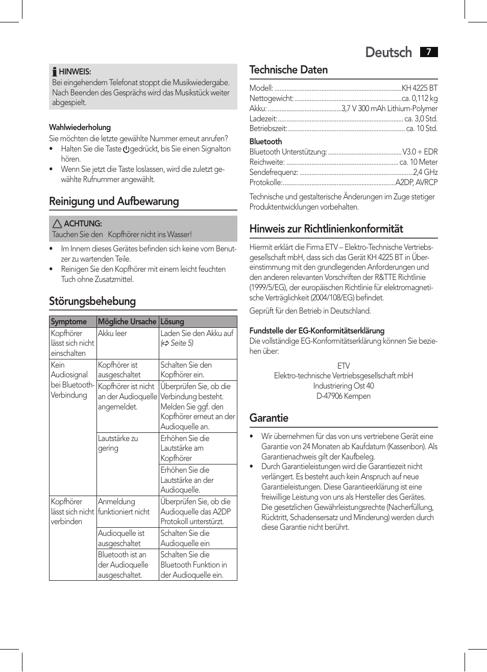 Deutsch, Reinigung und aufbewarung, Störungsbehebung | Technische daten, Hinweis zur richtlinienkonformität, Garantie | AEG KH 4225 BT schwarz User Manual | Page 7 / 26