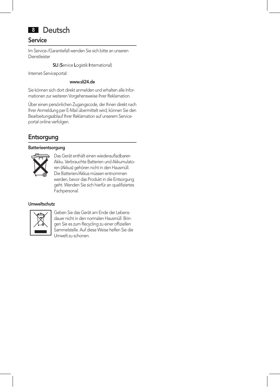 Deutsch, Service, Entsorgung | AEG KH 4225 BT schwarz User Manual | Page 8 / 26