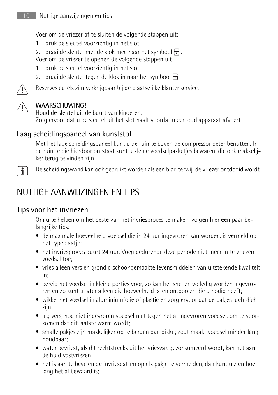 Nuttige aanwijzingen en tips, Laag scheidingspaneel van kunststof, Tips voor het invriezen | AEG A93100GNW0 User Manual | Page 10 / 64